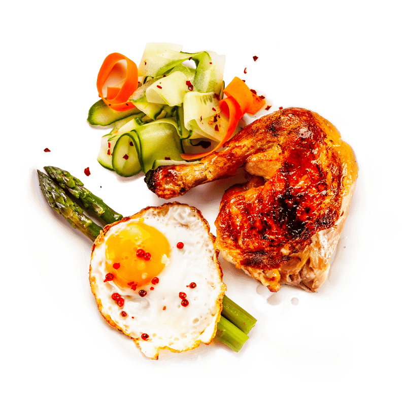 Chicken, asparaguses, egg and vegetables